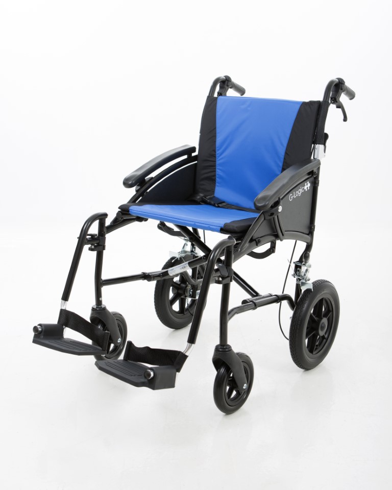 Excel G-Logic Lightweight Transit Wheelchair With Black Frame and Blue Upholstery 20'' Wide Seat